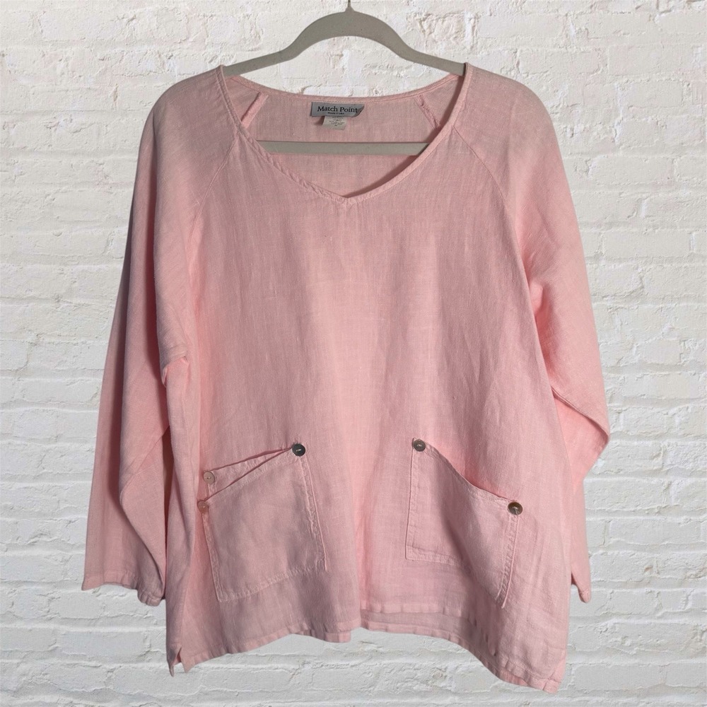 Match Point Linen Top M Baby Pink USA Button Pocket Tunic Lagenlook Artsy